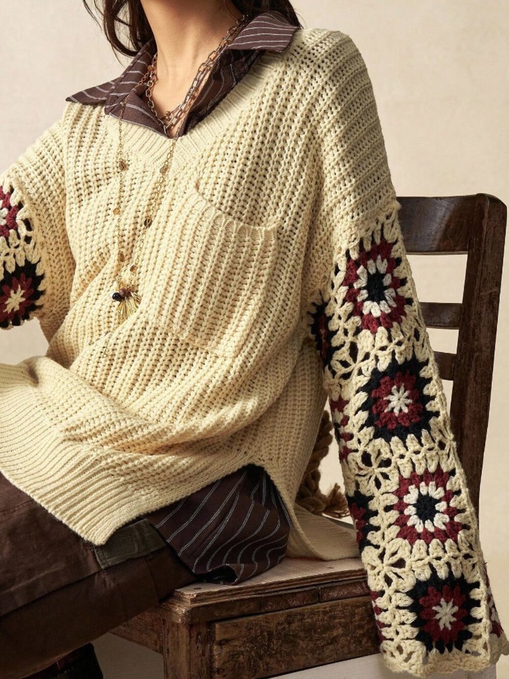 Redwood Casual Women's Floral Crochet Drop Shoulder Slit Knit Sweater